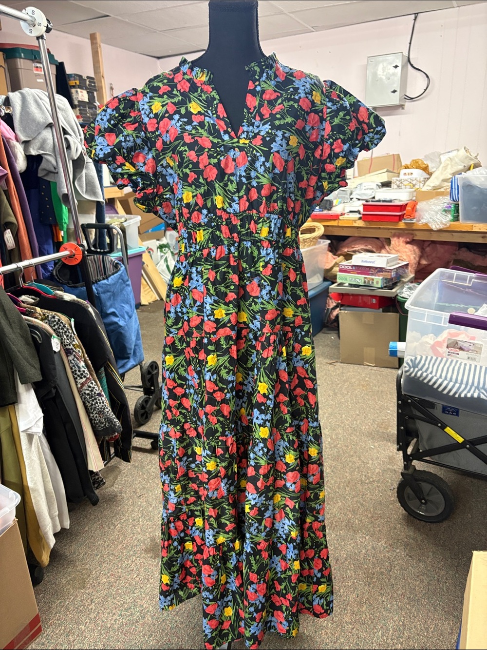 Black Floral Maxi Dress with Red & Blue Blooms